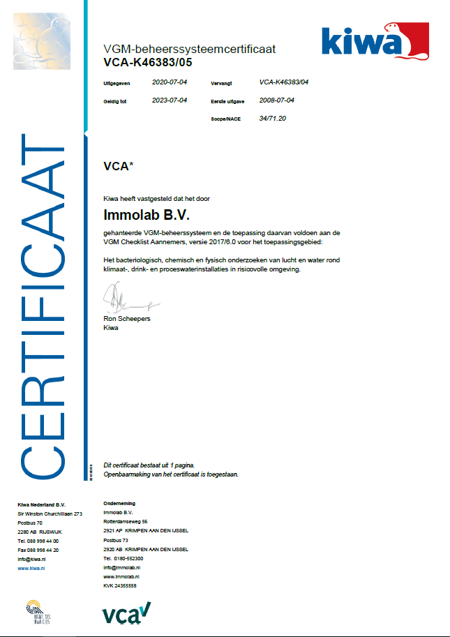 Certificaat Immolab VCA